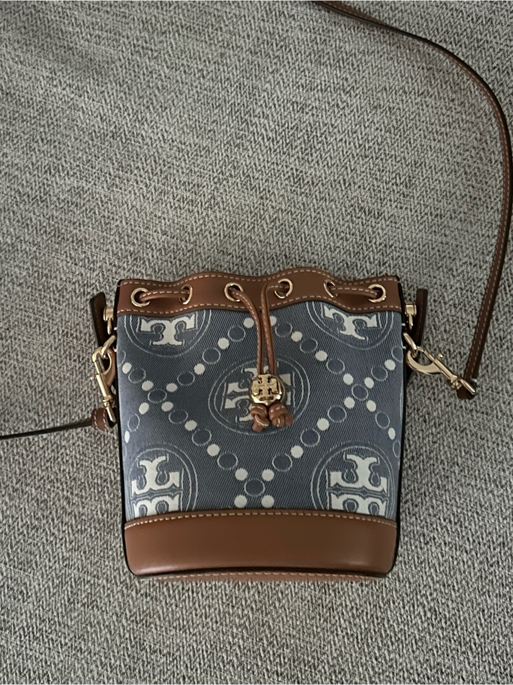 Tory Burch Navy Canvas and Brown Leather Logo Bucket Crossbody